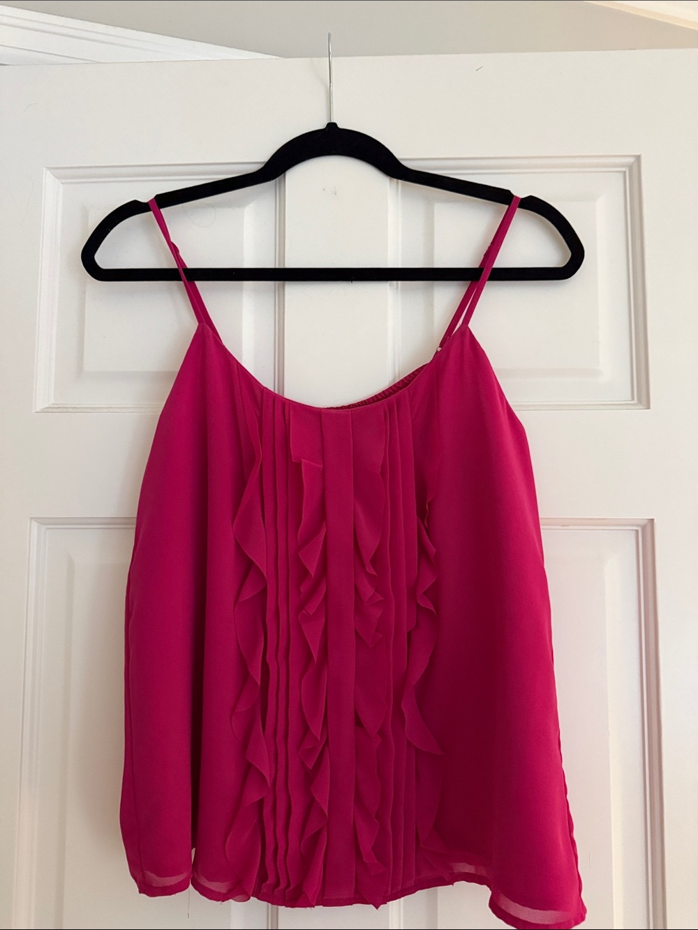 Skies Are Blue Hot Pink Ruffle Front Spaghetti Strap Camisole